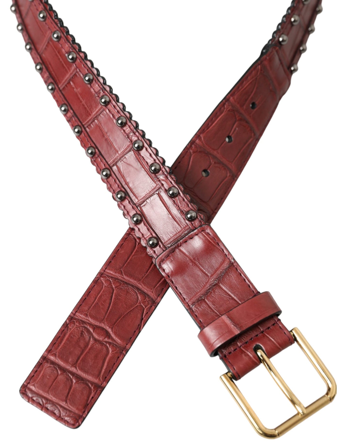 Brown Alligator Leather Studded Metal Buckle Belt-Dolce & Gabbana-LabelTerrace.com