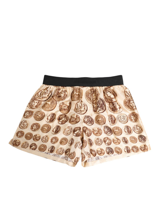 Brown Ancient Coin Print Silk Shorts Swimwear-Dolce & Gabbana-LabelTerrace.com