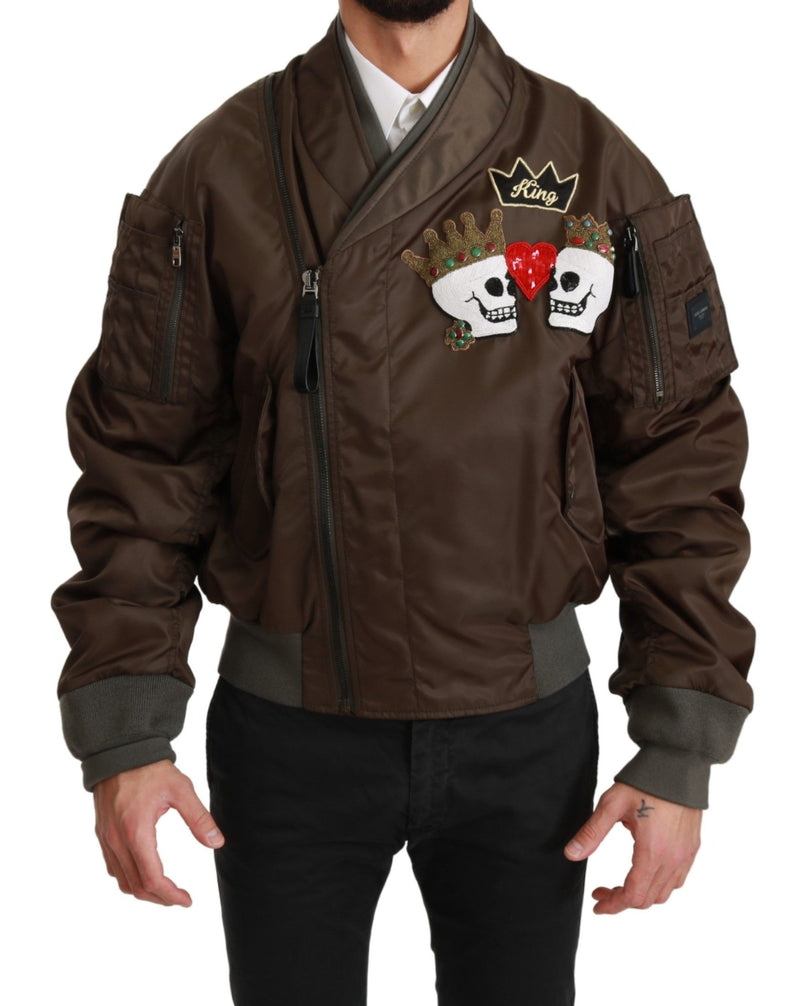 Brown Beaded Crown Skull Logo Jacket-Dolce & Gabbana-LabelTerrace.com