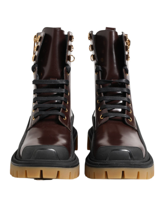 Brown Black Leather Boots Zipper Lace Up Shoes-Dolce & Gabbana-LabelTerrace.com
