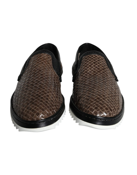 Brown Black Leather Weaved Men Loafers Shoes-Dolce & Gabbana-LabelTerrace.com