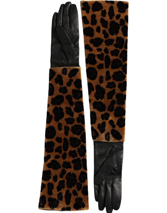 Brown Black Leopard Leather Elbow Length Gloves-Dolce & Gabbana-LabelTerrace.com