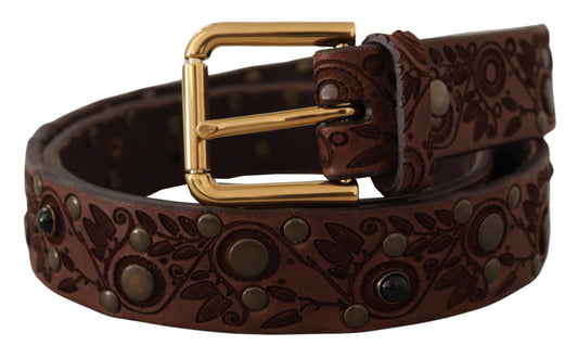 Brown Calf Leather Embossed Gold Metal Buckle-Dolce & Gabbana-LabelTerrace.com