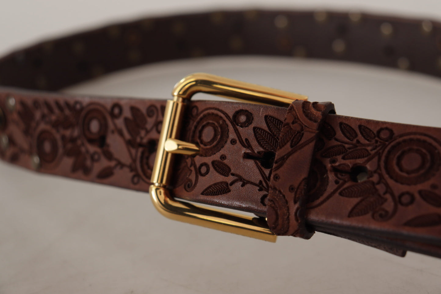 Brown Calf Leather Embossed Gold Metal Buckle-Dolce & Gabbana-LabelTerrace.com