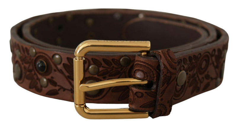 Brown Calf Leather Embossed Gold Metal Buckle-Dolce & Gabbana-LabelTerrace.com