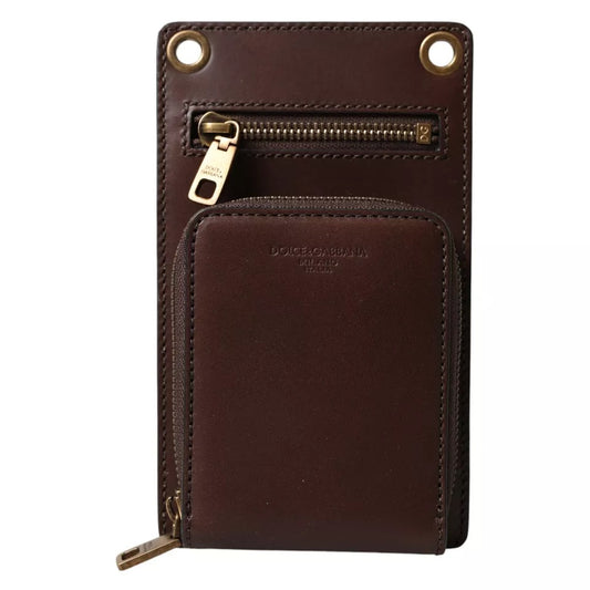 Brown Calf Leather Zip Logo Shoulder Neck Strap Wallet-Dolce & Gabbana-LabelTerrace.com