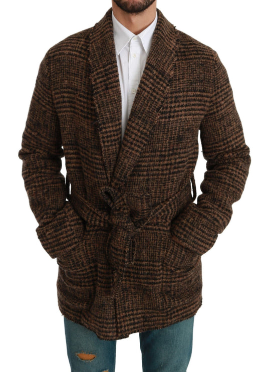 Brown Checkered Wool Robe Coat Wrap Jacket-Dolce & Gabbana-LabelTerrace.com