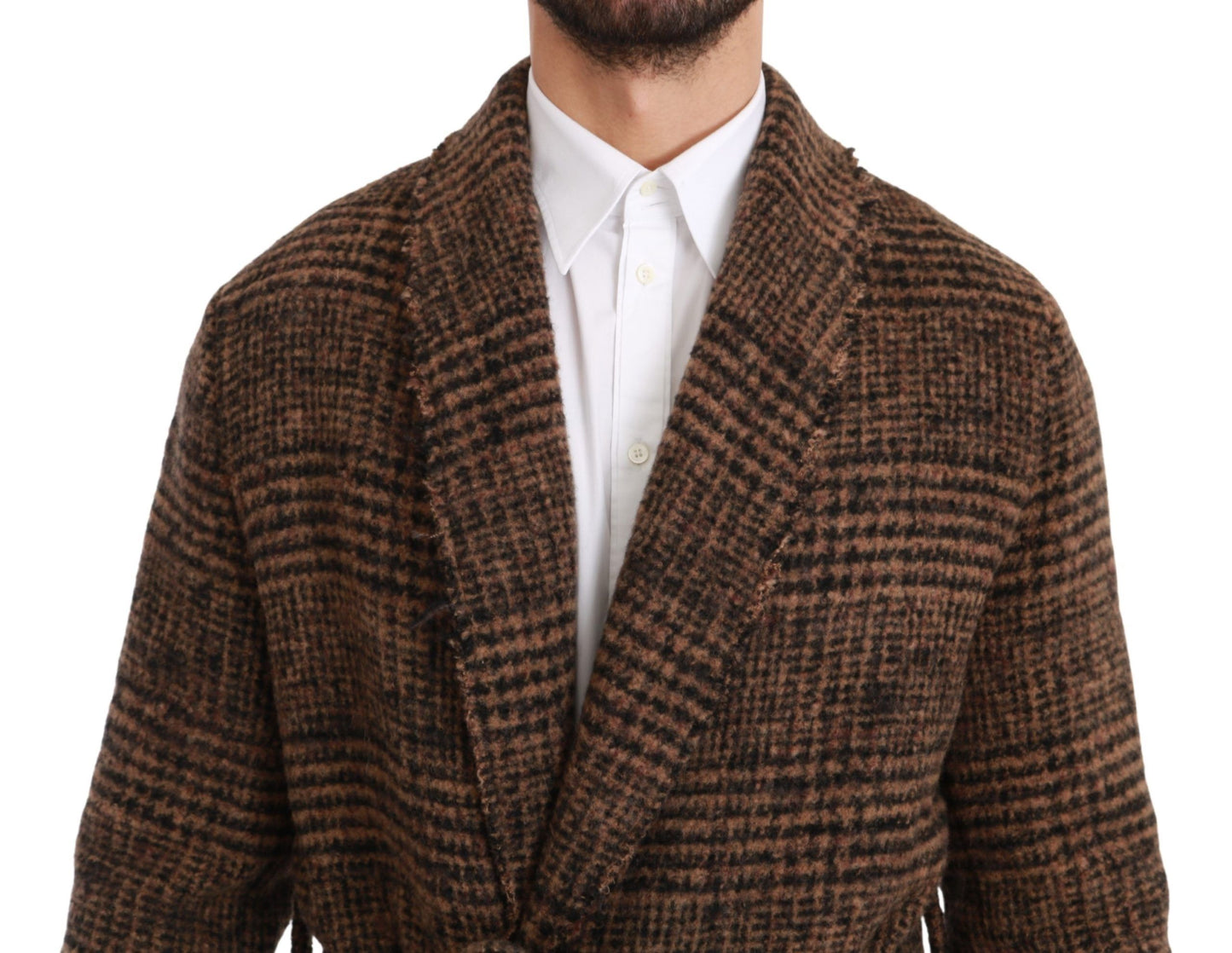Brown Checkered Wool Robe Coat Wrap Jacket-Dolce & Gabbana-LabelTerrace.com