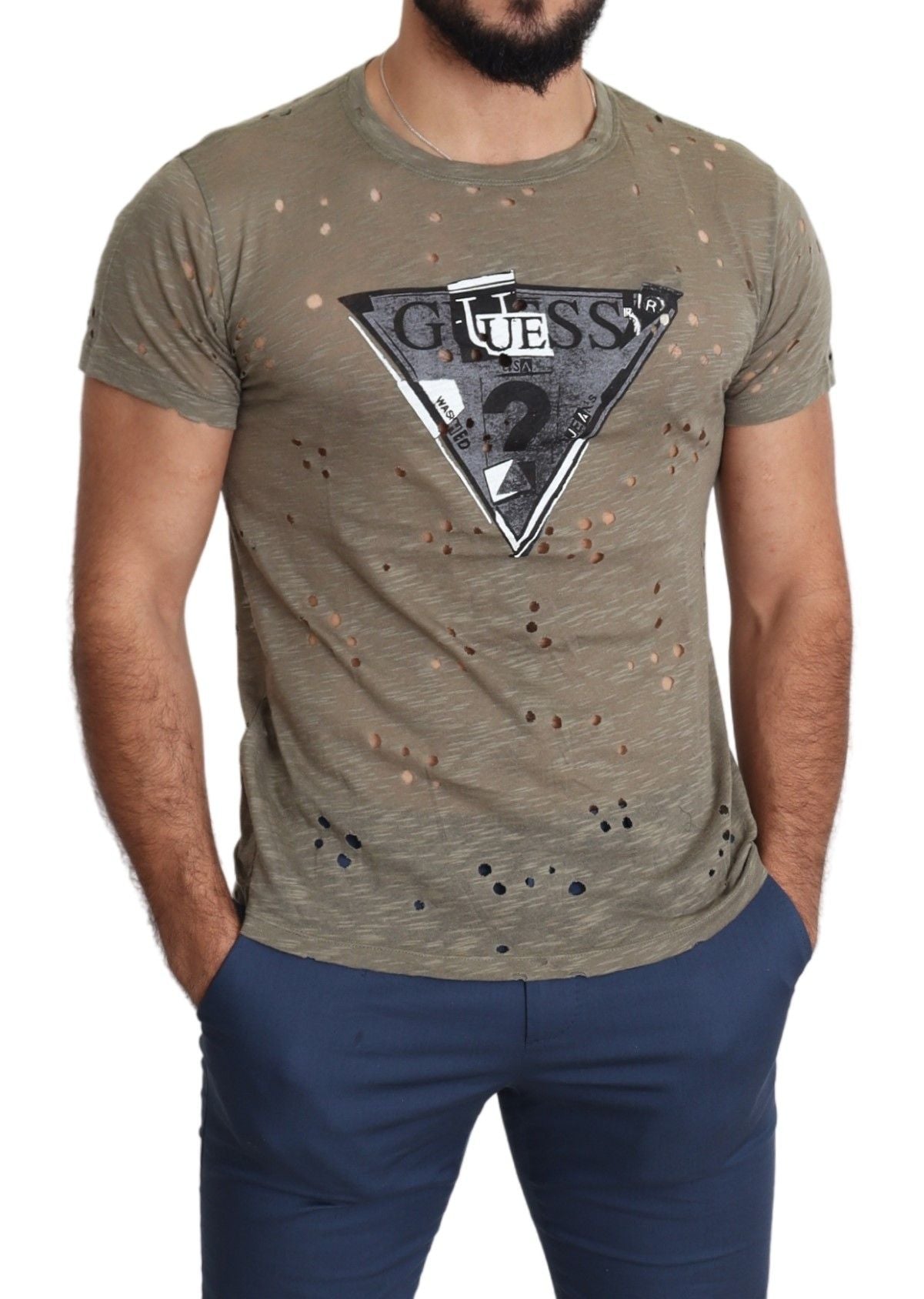 Brown Cotton Stretch Logo Print Men Casual Perforated T-shirt-Guess-LabelTerrace.com
