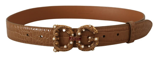 Brown Crocodile Pattern Leather Logo Amore Belt-Dolce & Gabbana-LabelTerrace.com