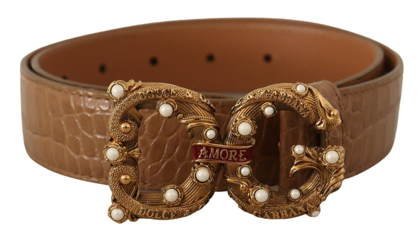 Brown Crocodile Pattern Leather Logo Amore Belt-Dolce & Gabbana-LabelTerrace.com