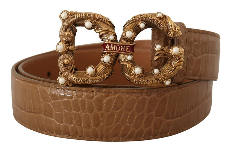 Brown Crocodile Pattern Leather Logo Amore Belt-Dolce & Gabbana-LabelTerrace.com