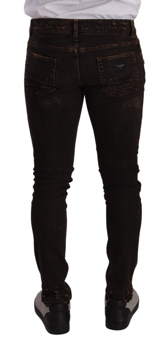 Brown Distressed Slim Fit Skinny Denim Jeans-Dolce & Gabbana-LabelTerrace.com