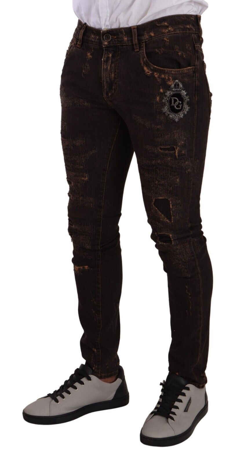 Brown Distressed Slim Fit Skinny Denim Jeans-Dolce & Gabbana-LabelTerrace.com
