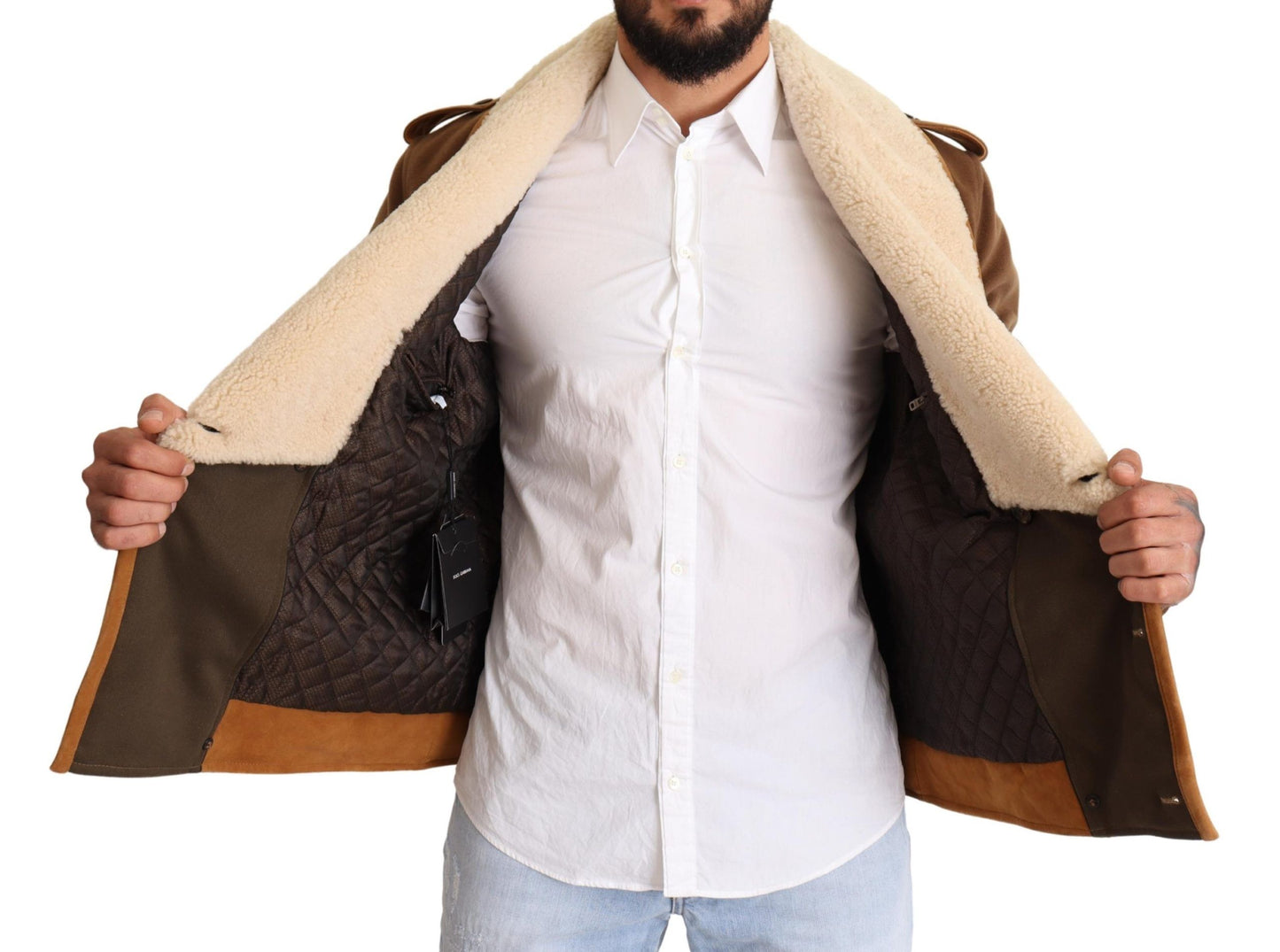 Brown Double Breasted Shearling Coat Jacket-Dolce & Gabbana-LabelTerrace.com