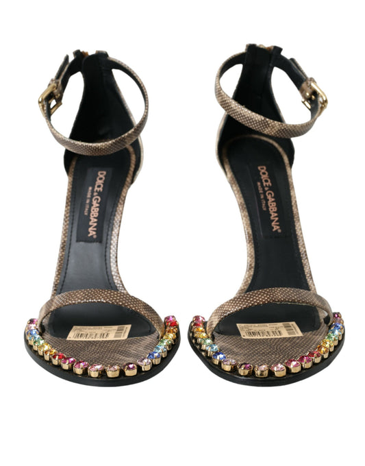 Brown Exotic Leather Crystal Sandals Shoes-Dolce & Gabbana-LabelTerrace.com
