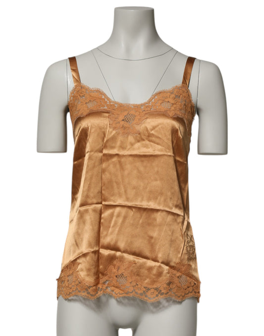 Brown Floral Lace Silk Satin Tank Lingerie Underwear