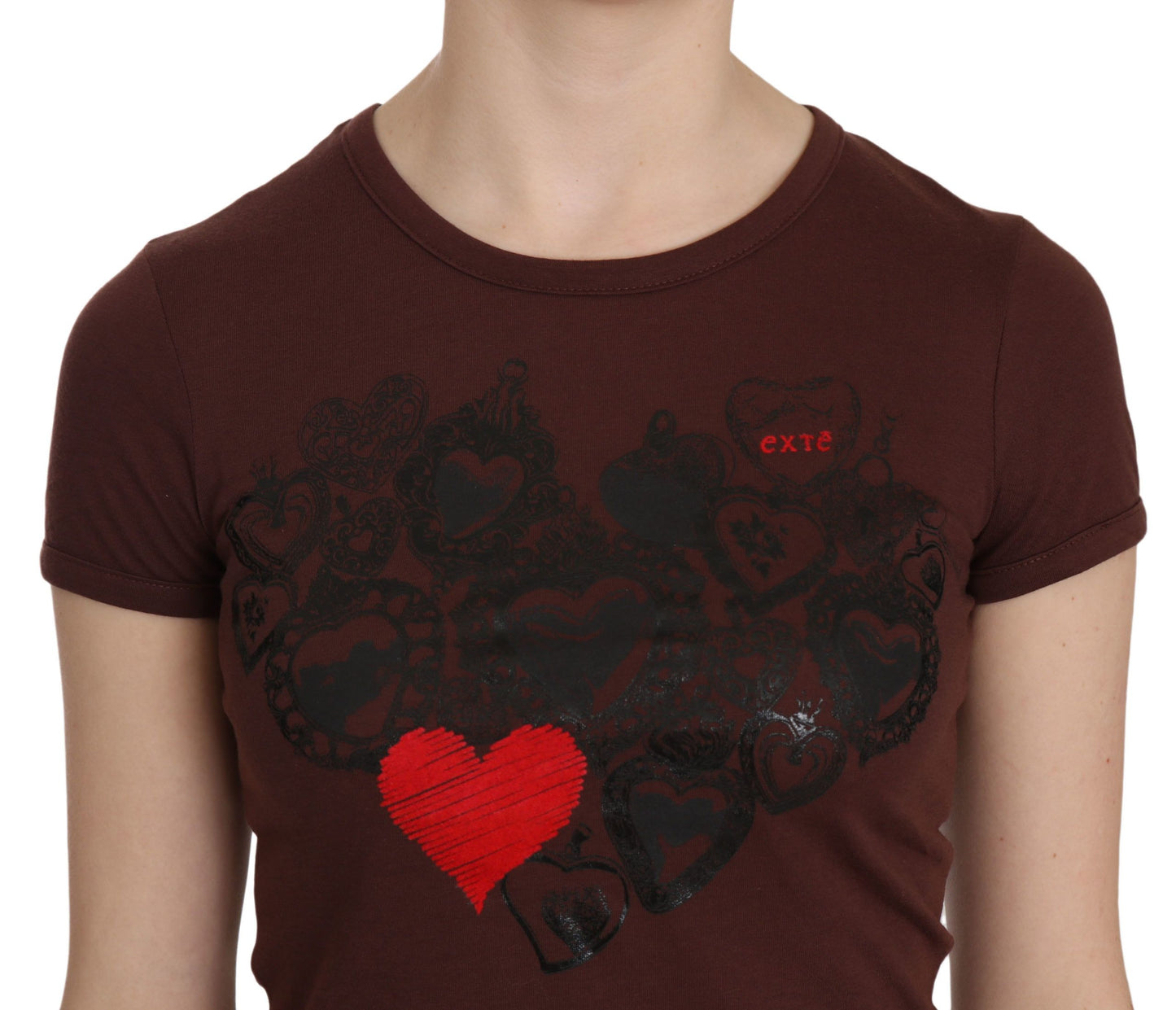 Brown Heart Print Crew Neck T-shirt Short Sleeve Blouse-Exte-LabelTerrace.com