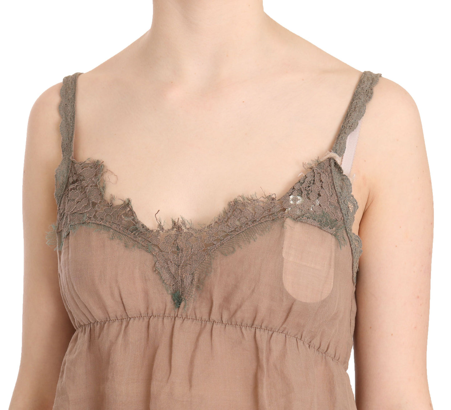 Brown Lace Spaghetti Strap Plunging Top Blouse-PINK MEMORIES-LabelTerrace.com