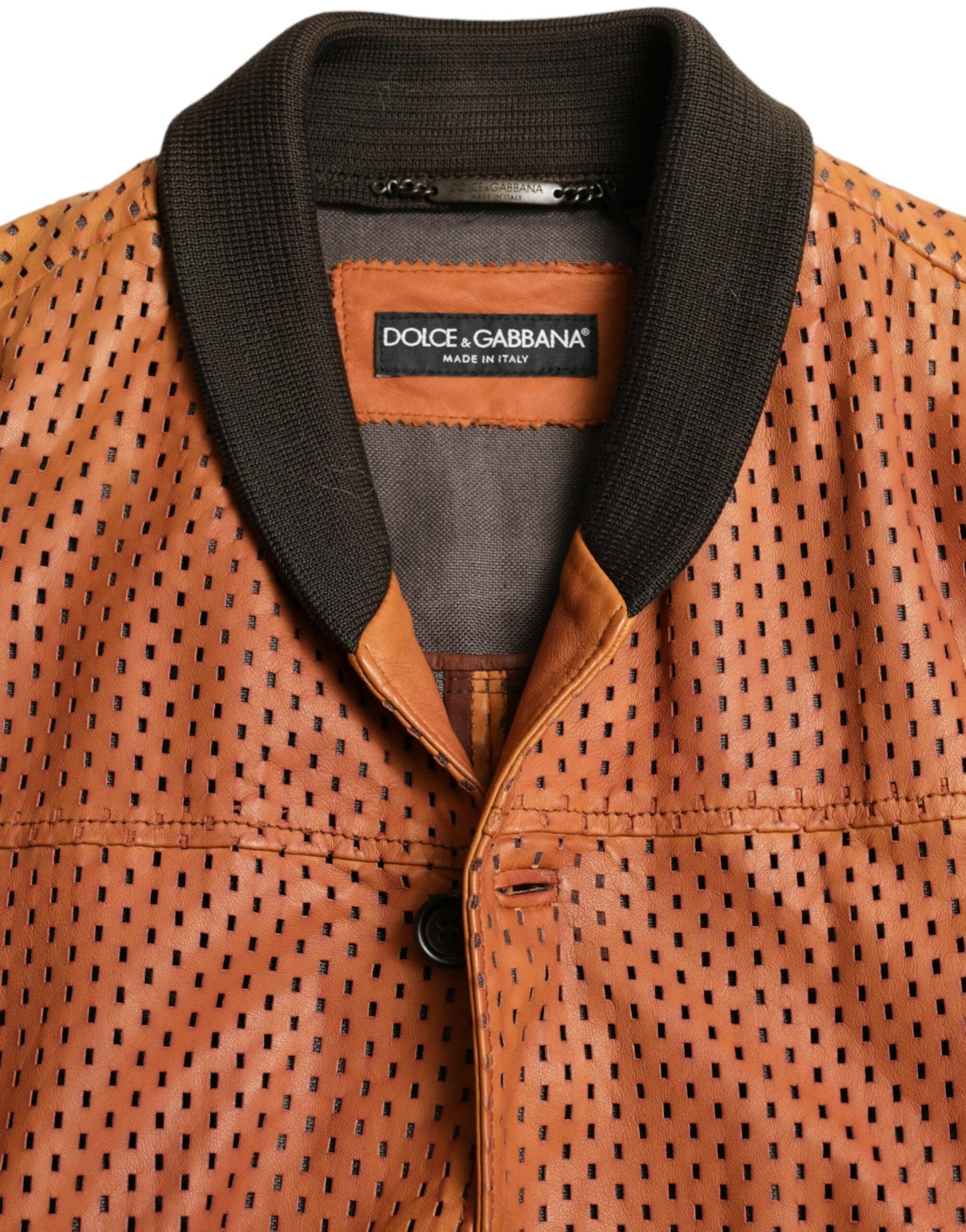Brown Lambskin Leather Perforated Jacket-Dolce & Gabbana-LabelTerrace.com