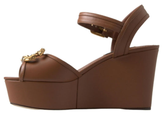 Brown Leather AMORE Wedges Sandals Shoes-Dolce & Gabbana-LabelTerrace.com
