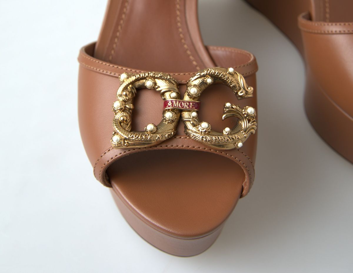 Brown Leather AMORE Wedges Sandals Shoes-Dolce & Gabbana-LabelTerrace.com