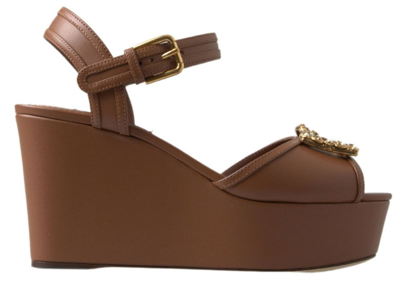 Brown Leather AMORE Wedges Sandals Shoes-Dolce & Gabbana-LabelTerrace.com