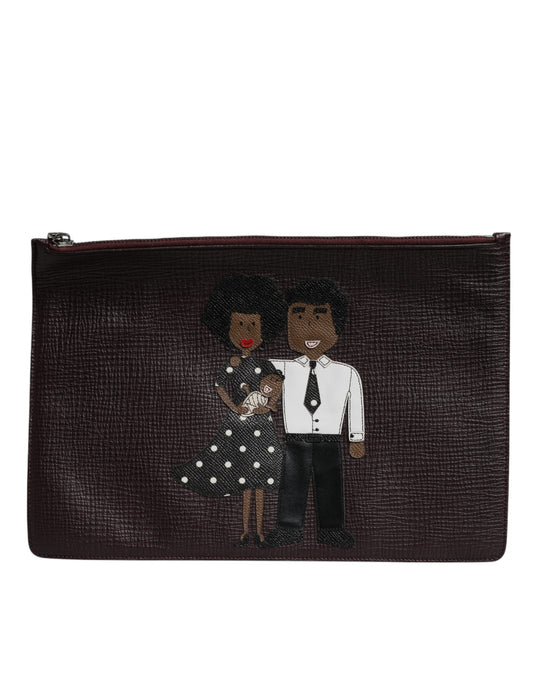 Brown Leather #DGFAMILY Embellished Men Clutch Pouch Bag-Dolce & Gabbana-LabelTerrace.com