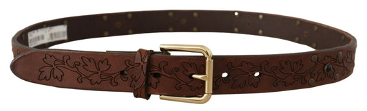 Brown Leather Floral Studded Metal Buckle Belt-Dolce & Gabbana-LabelTerrace.com
