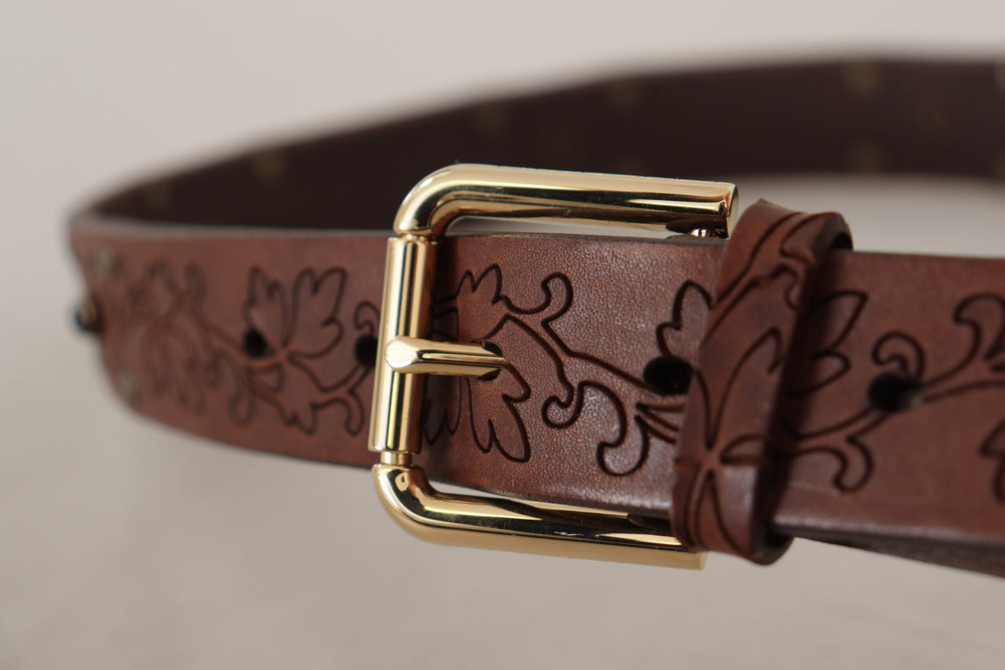 Brown Leather Floral Studded Metal Buckle Belt-Dolce & Gabbana-LabelTerrace.com