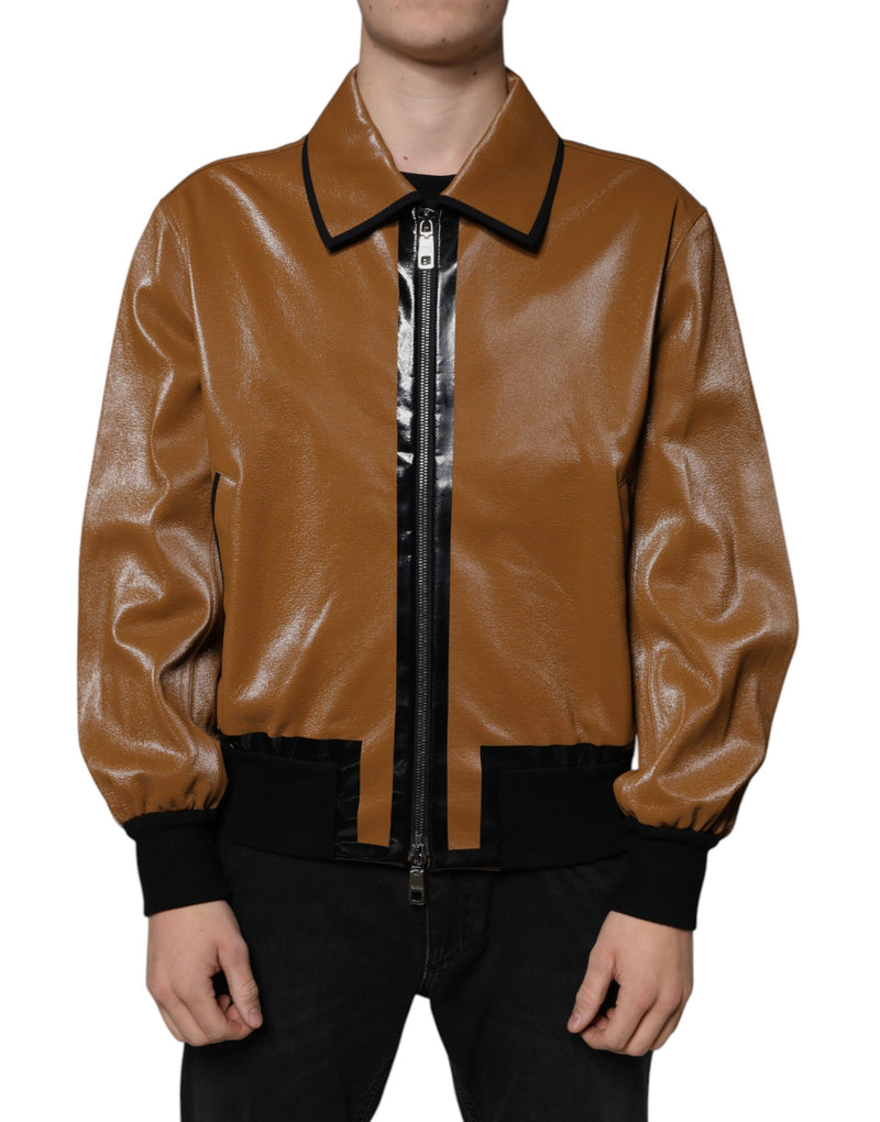 Brown Leather Full Zip Men Bomber Jacket-Dolce & Gabbana-LabelTerrace.com