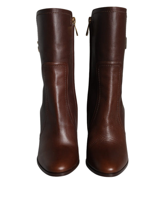 Brown Leather Heels Mid Calf Boots Shoes-Dolce & Gabbana-LabelTerrace.com