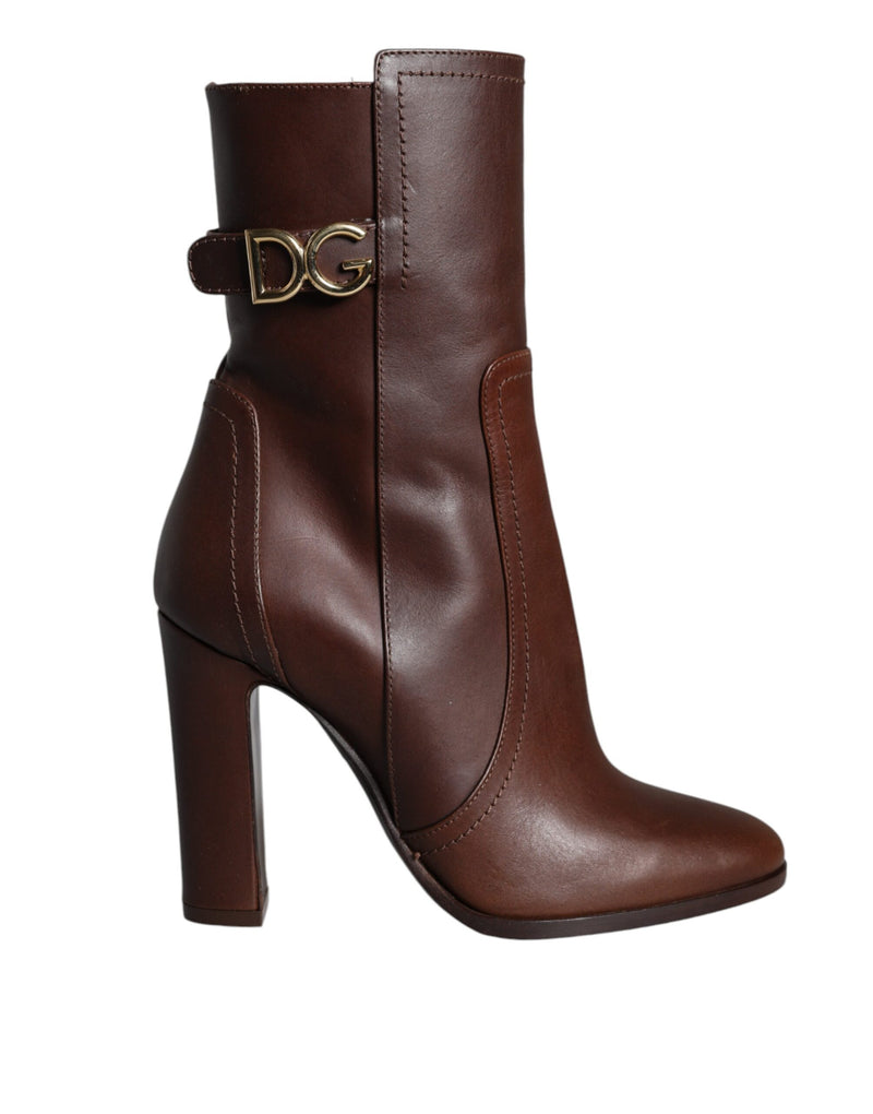 Brown Leather Heels Mid Calf Boots Shoes-Dolce & Gabbana-LabelTerrace.com