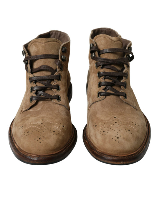 Brown Leather Lace Up Ankle Boots Shoes-Dolce & Gabbana-LabelTerrace.com