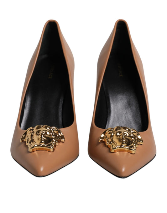 Brown Leather Logo Plaque High Heels Pumps Shoes-Versace-LabelTerrace.com