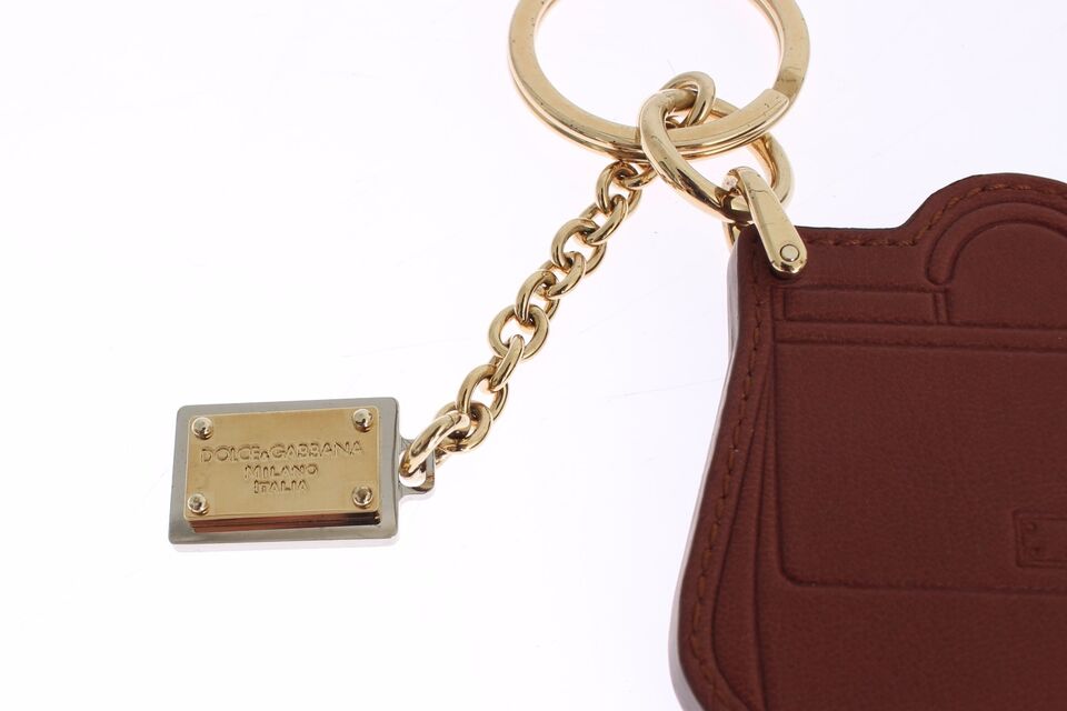 Brown Leather Miss SICILY Gold Finder Chain Keychain-Dolce & Gabbana-LabelTerrace.com