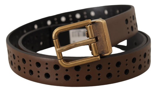 Brown Leather Perforated Crown Belt-Dolce & Gabbana-LabelTerrace.com