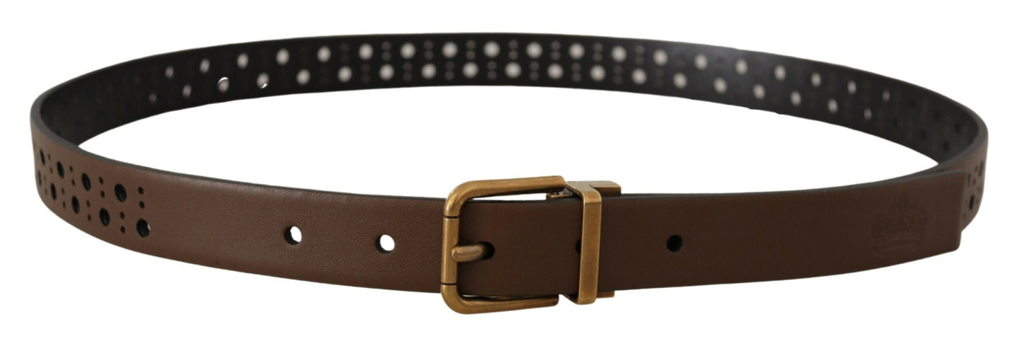 Brown Leather Perforated Crown Belt-Dolce & Gabbana-LabelTerrace.com