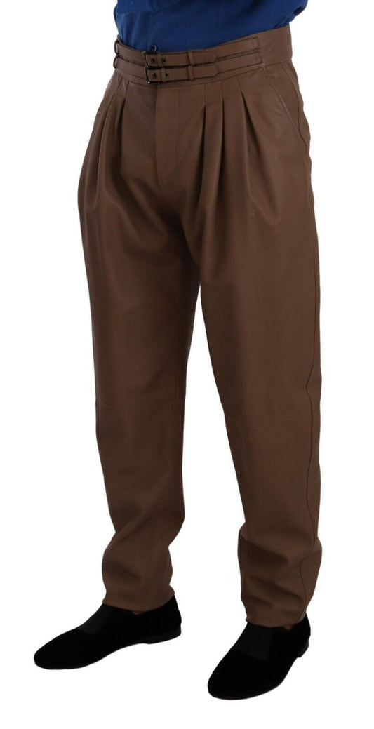 Brown Leather Tapered High Waist Pants-Dolce & Gabbana-LabelTerrace.com