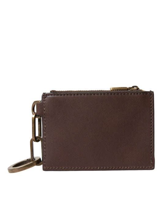 Brown Leather Zip Logo Keyring Coin Purse Keyring Wallet-Dolce & Gabbana-LabelTerrace.com