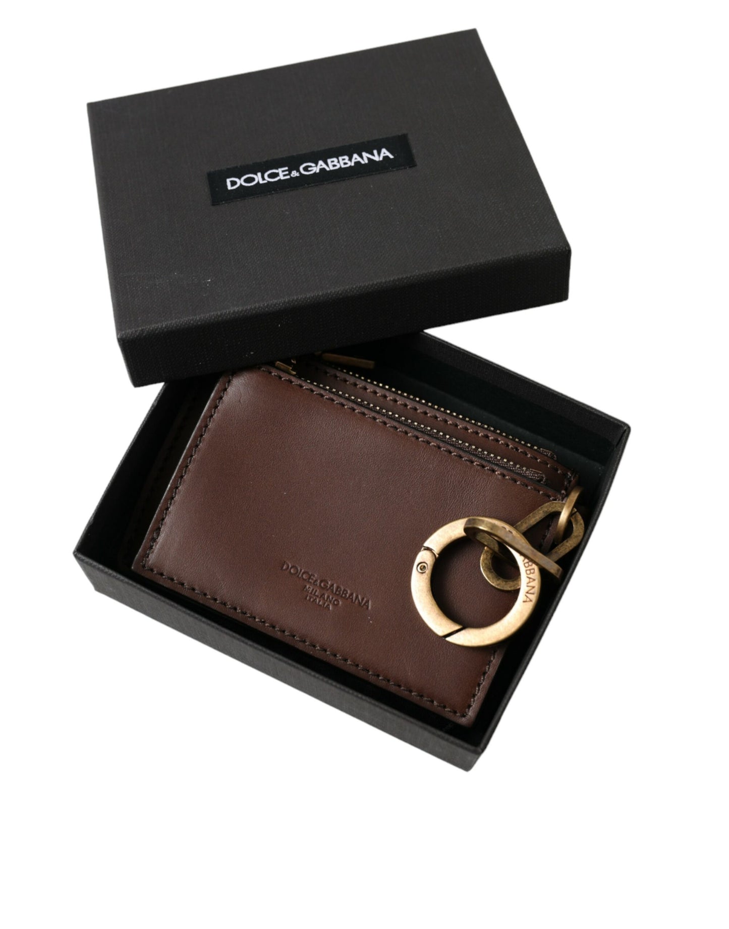 Brown Leather Zip Logo Keyring Coin Purse Keyring Wallet-Dolce & Gabbana-LabelTerrace.com