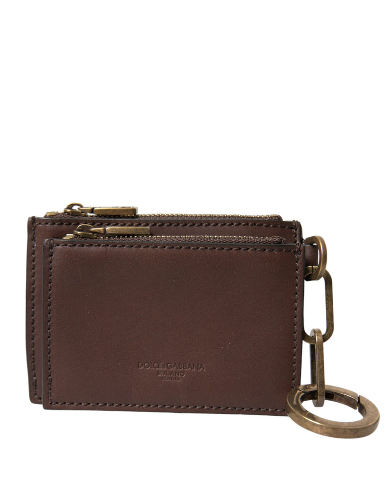 Brown Leather Zip Logo Keyring Coin Purse Keyring Wallet-Dolce & Gabbana-LabelTerrace.com