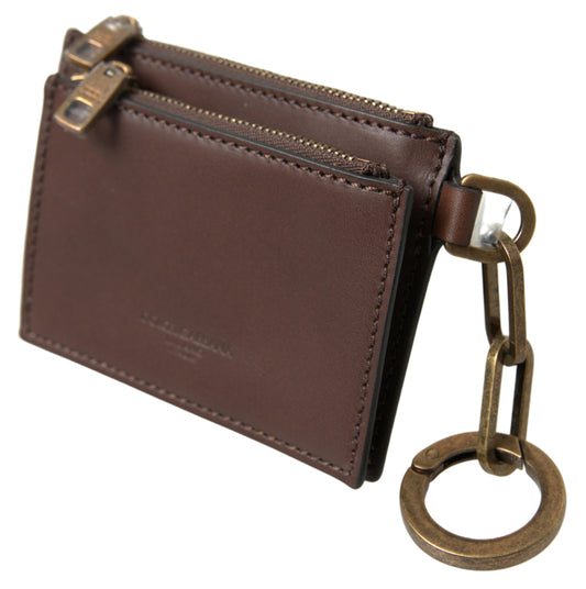 Brown Leather Zip Logo Keyring Coin Purse Wallet-Dolce & Gabbana-LabelTerrace.com