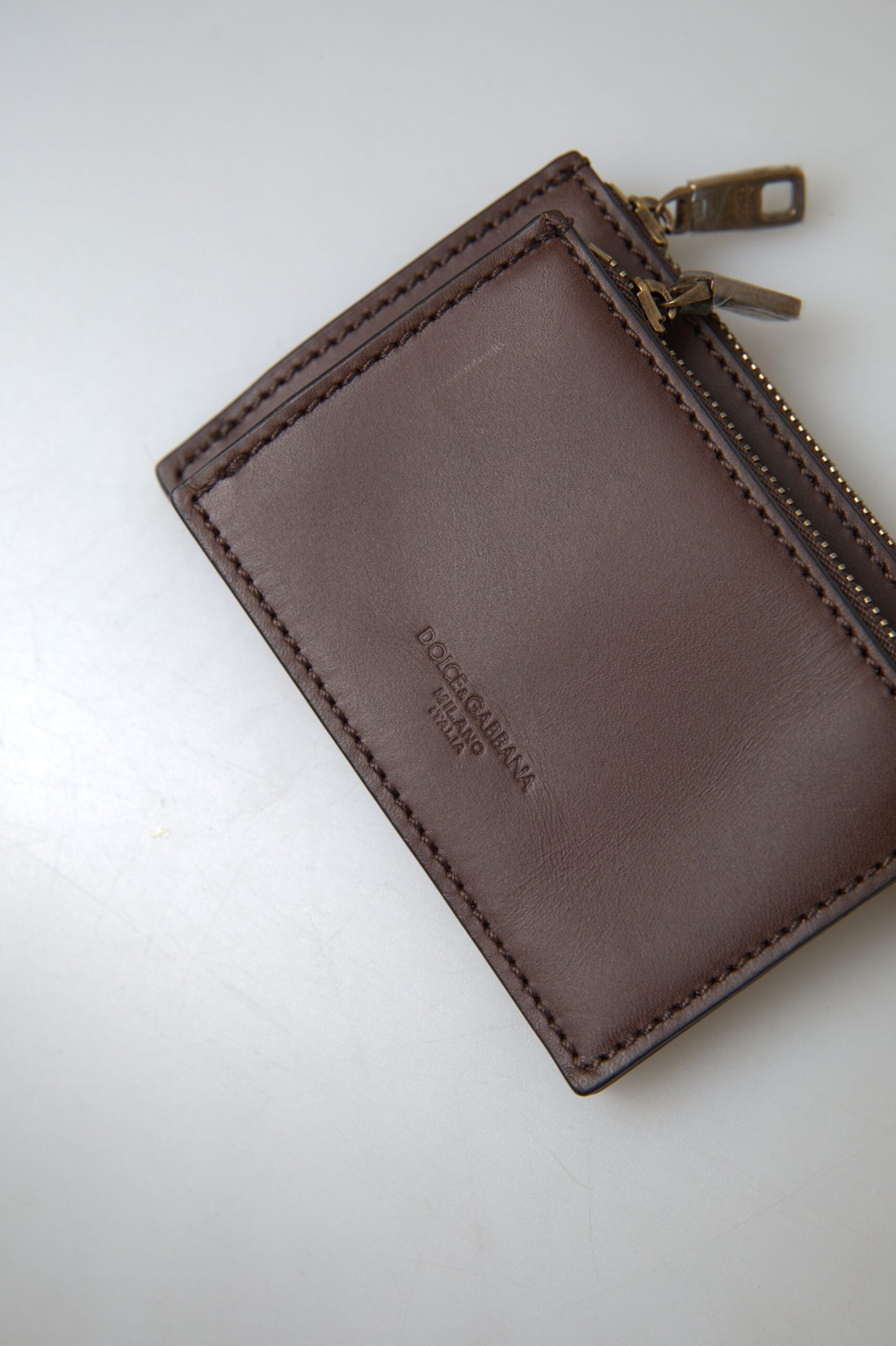 Brown Leather Zip Logo Keyring Coin Purse Wallet-Dolce & Gabbana-LabelTerrace.com