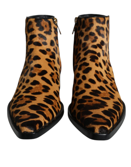 Brown Leopard Calf Fur Ankle Boots Shoes-Dolce & Gabbana-LabelTerrace.com