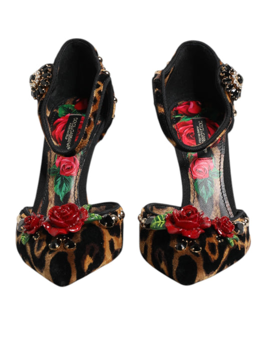 Brown Leopard Crystal Roses Pumps Shoes-Dolce & Gabbana-LabelTerrace.com