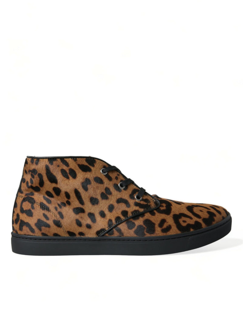 Brown Leopard Pony Hair Leather Sneakers Shoes-Dolce & Gabbana-LabelTerrace.com