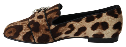 Brown Leopard Print Crystals Loafers Flats Shoes-Dolce & Gabbana-LabelTerrace.com