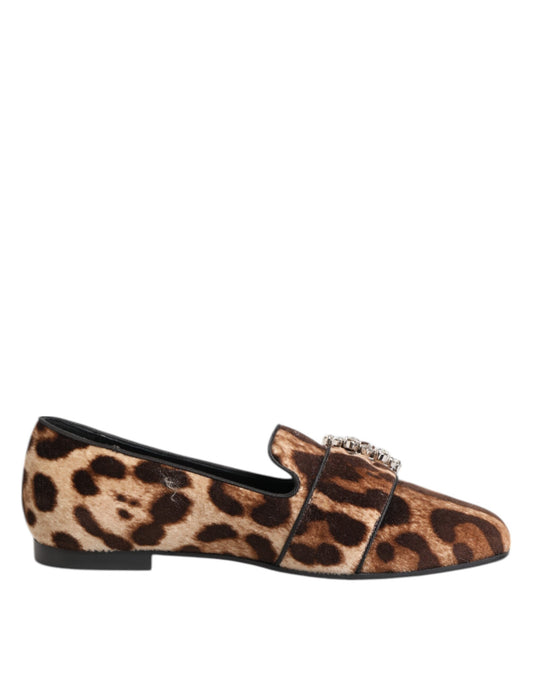 Brown Leopard Print Crystals Loafers Flats Shoes-Dolce & Gabbana-LabelTerrace.com