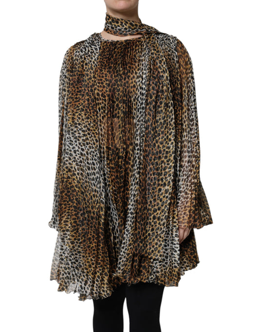 Brown Leopard Print Scarf Collared Chiffon Dress-Dolce & Gabbana-LabelTerrace.com
